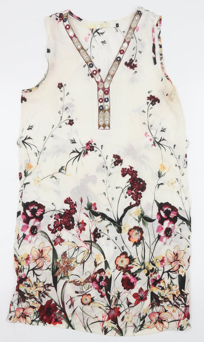 Mosnova Womens Ivory Floral Polyester Shift Size L V-Neck Pullover