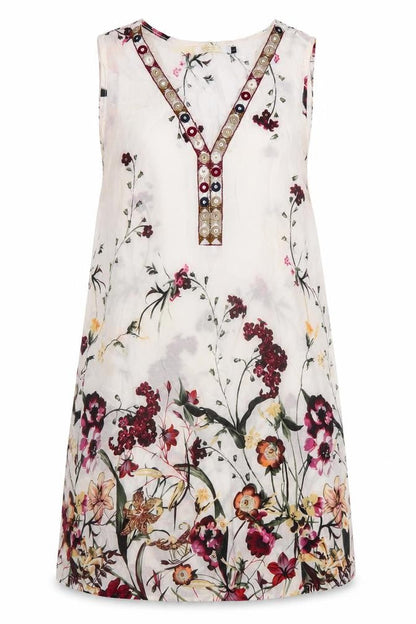 Mosnova Womens Ivory Floral Polyester Shift Size L V-Neck Pullover