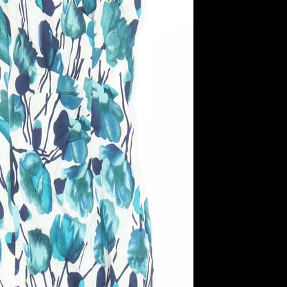 Kaliko Womens Blue Floral Linen Sheath Size 8 V-Neck Zip
