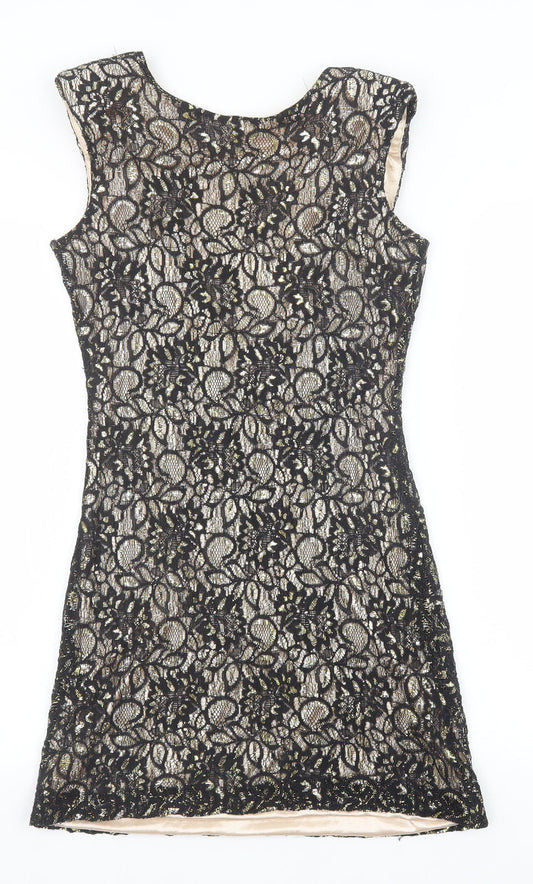 Mela London Womens Black Geometric Polyester A-Line Size 10 Round Neck Pullover