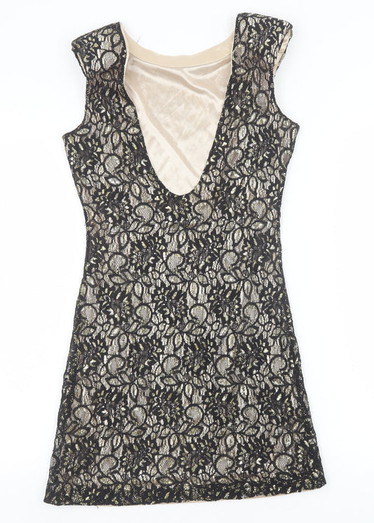 Mela London Womens Black Geometric Polyester A-Line Size 10 Round Neck Pullover