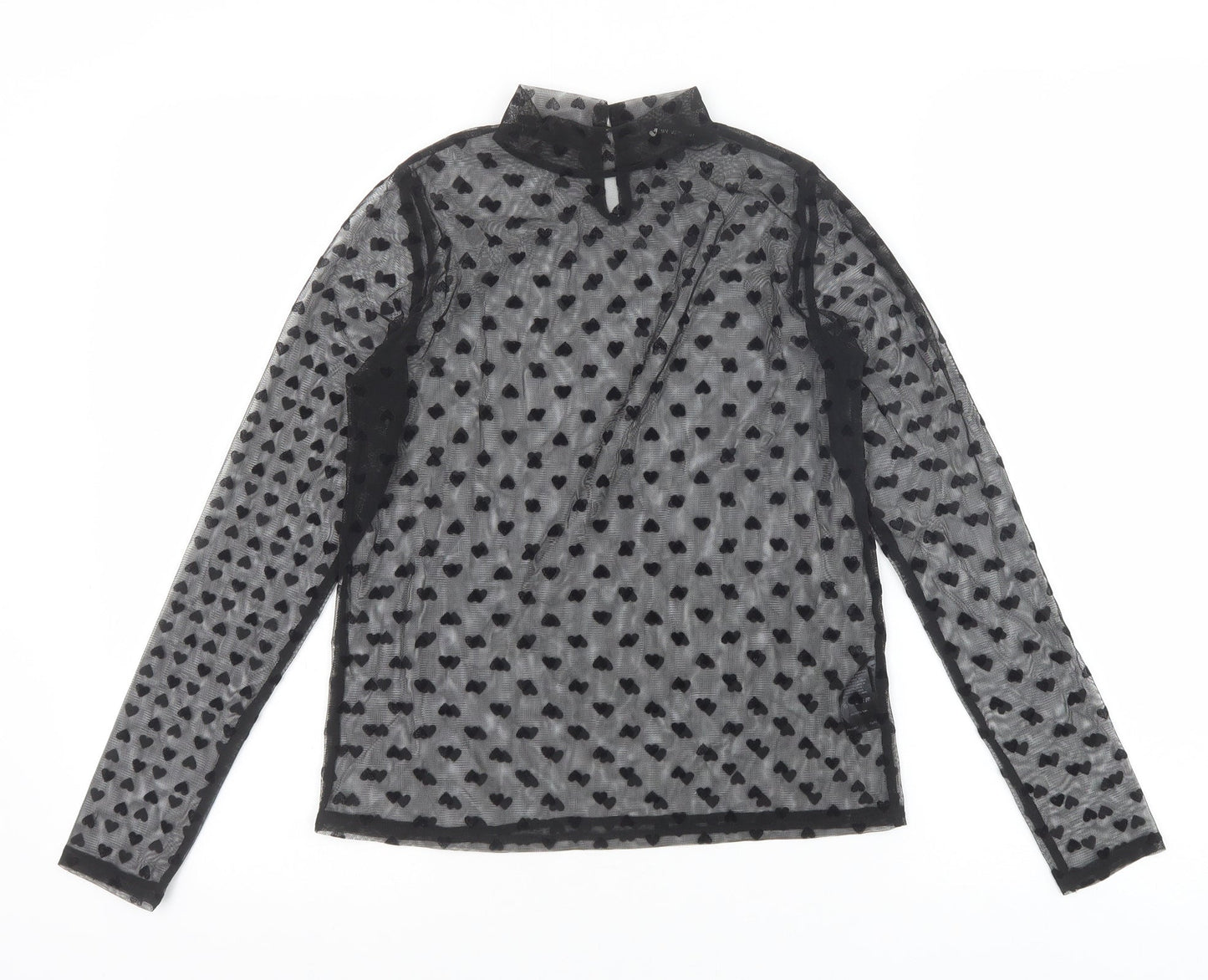 V By Very Womens Black Geometric Polyester Basic T-Shirt Size 8 Mock Neck - Heart Pattern
