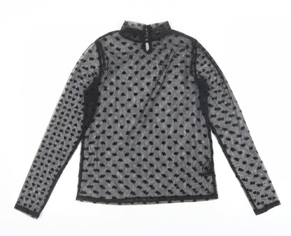 V By Very Womens Black Geometric Polyester Basic T-Shirt Size 8 Mock Neck - Heart Pattern