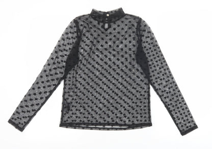 V By Very Womens Black Geometric Polyester Basic T-Shirt Size 8 Mock Neck - Heart Pattern