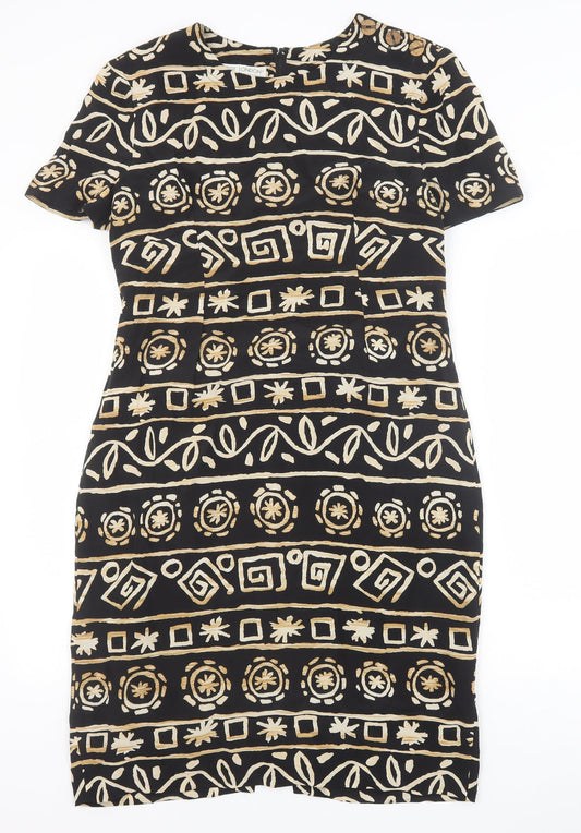 Maggy London Womens Black Geometric Silk A-Line Size 8 Round Neck Zip