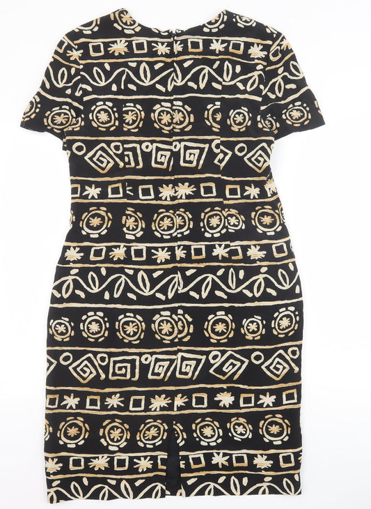 Maggy London Womens Black Geometric Silk A-Line Size 8 Round Neck Zip