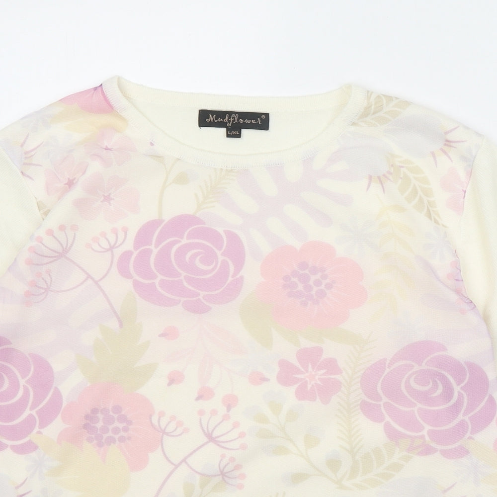 Mind Flower Womens White Round Neck Floral Acrylic Pullover Jumper Size L