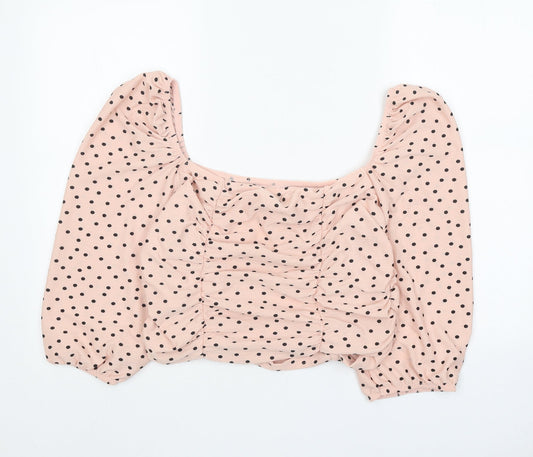 Miss Selfridge Womens Pink Polka Dot Polyester Cropped Blouse Size 18 Square Neck - Ruched