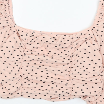 Miss Selfridge Womens Pink Polka Dot Polyester Cropped Blouse Size 18 Square Neck - Ruched
