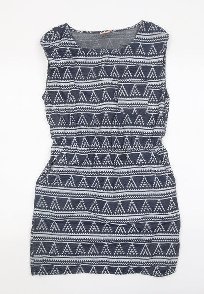 Only Womens Blue Geometric Cotton A-Line Size 6 Square Neck Pullover