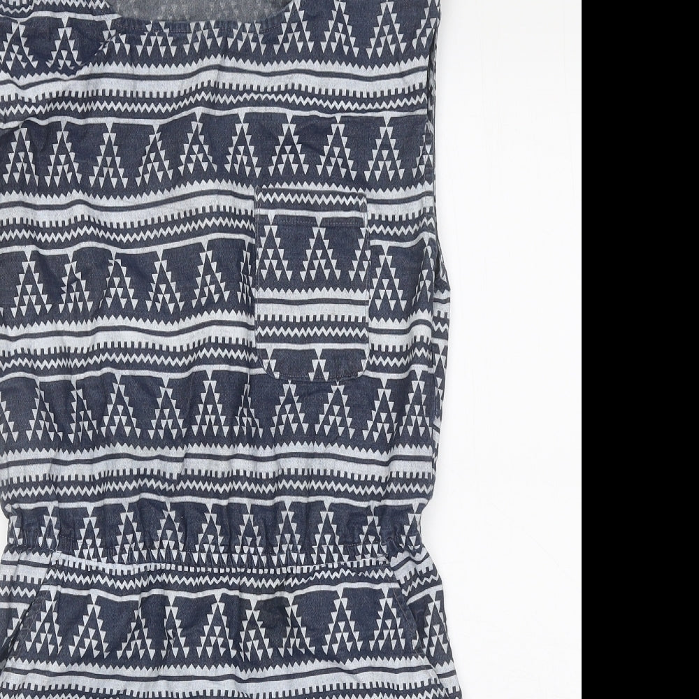 Only Womens Blue Geometric Cotton A-Line Size 6 Square Neck Pullover