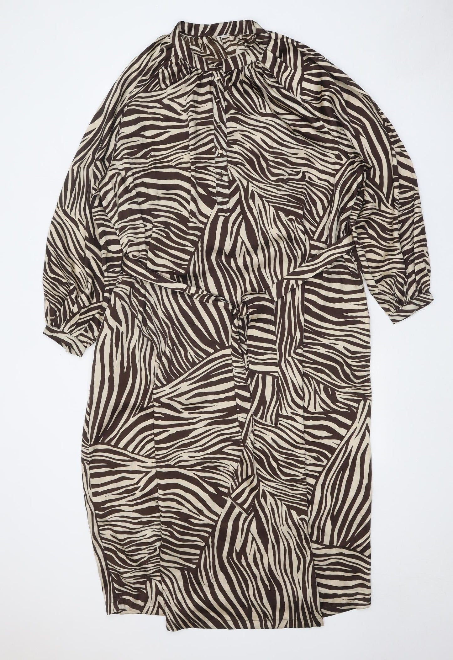 Preworn Womens Brown Animal Print Polyester A-Line One Size Round Neck Button - Tiger Pattern