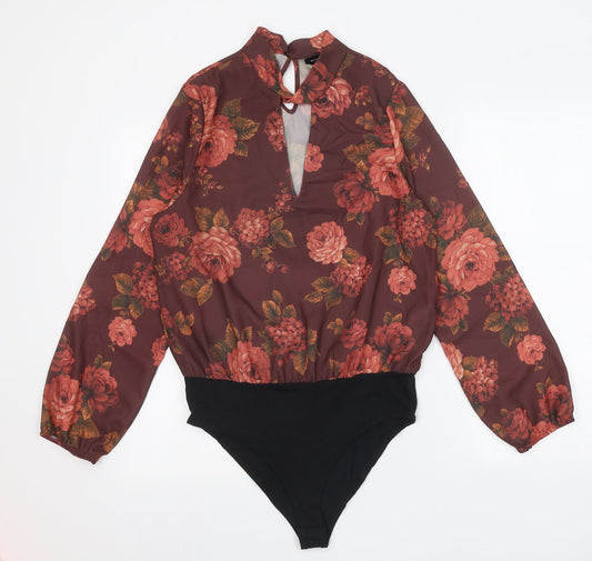 New Look Womens Brown Floral Cotton Bodysuit One-Piece Size 12 Snap