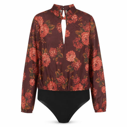 New Look Womens Brown Floral Cotton Bodysuit One-Piece Size 12 Snap