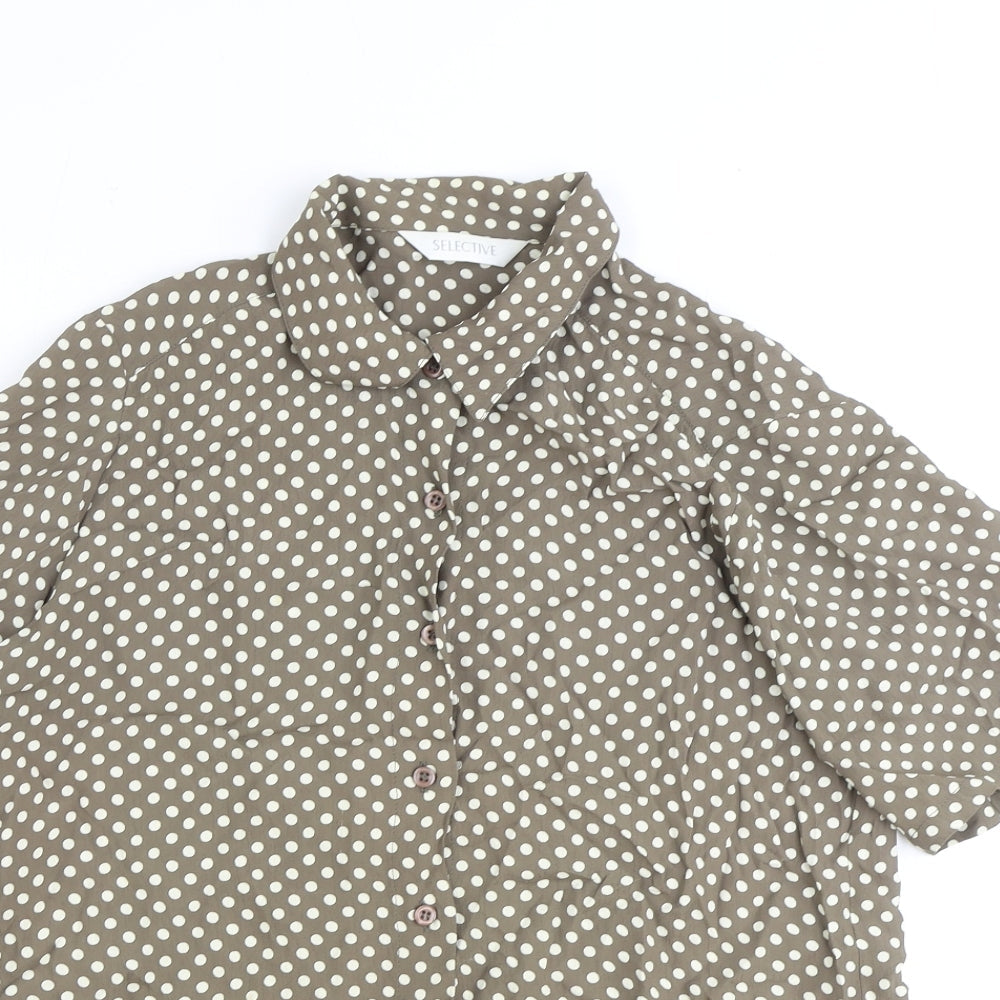 Selective Womens Brown Polka Dot Viscose Basic Button-Up Size 12 Collared