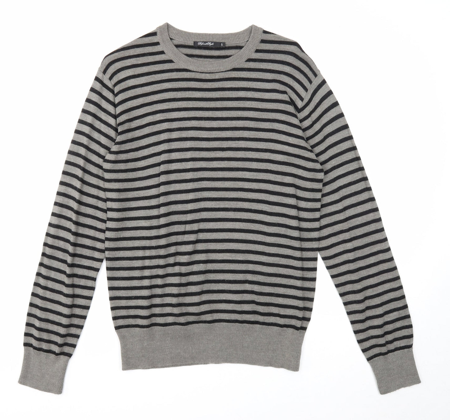 Defended Style Mens Grey Round Neck Striped Acrylic Pullover Jumper Size S Long Sleeve