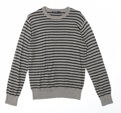 Defended Style Mens Grey Round Neck Striped Acrylic Pullover Jumper Size S Long Sleeve