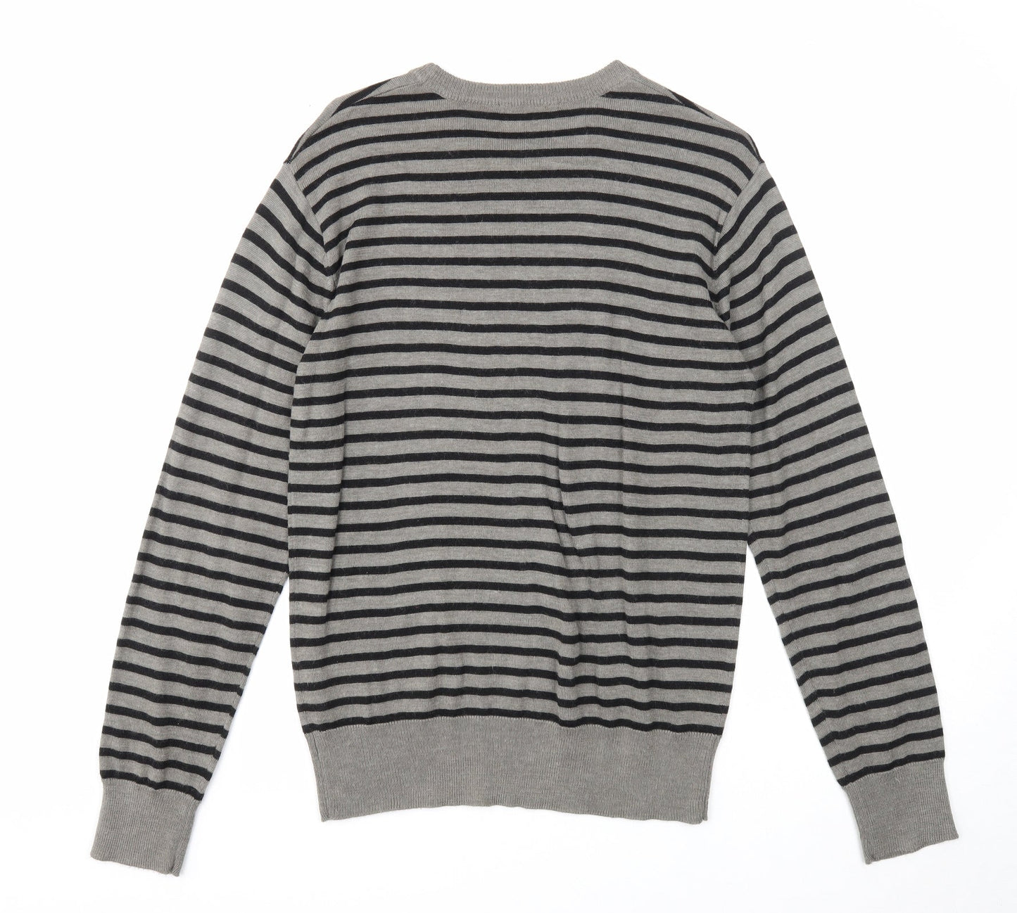 Defended Style Mens Grey Round Neck Striped Acrylic Pullover Jumper Size S Long Sleeve