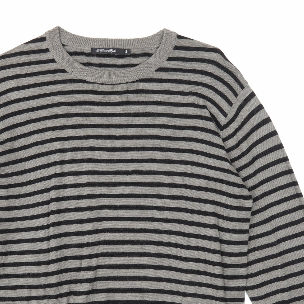 Defended Style Mens Grey Round Neck Striped Acrylic Pullover Jumper Size S Long Sleeve