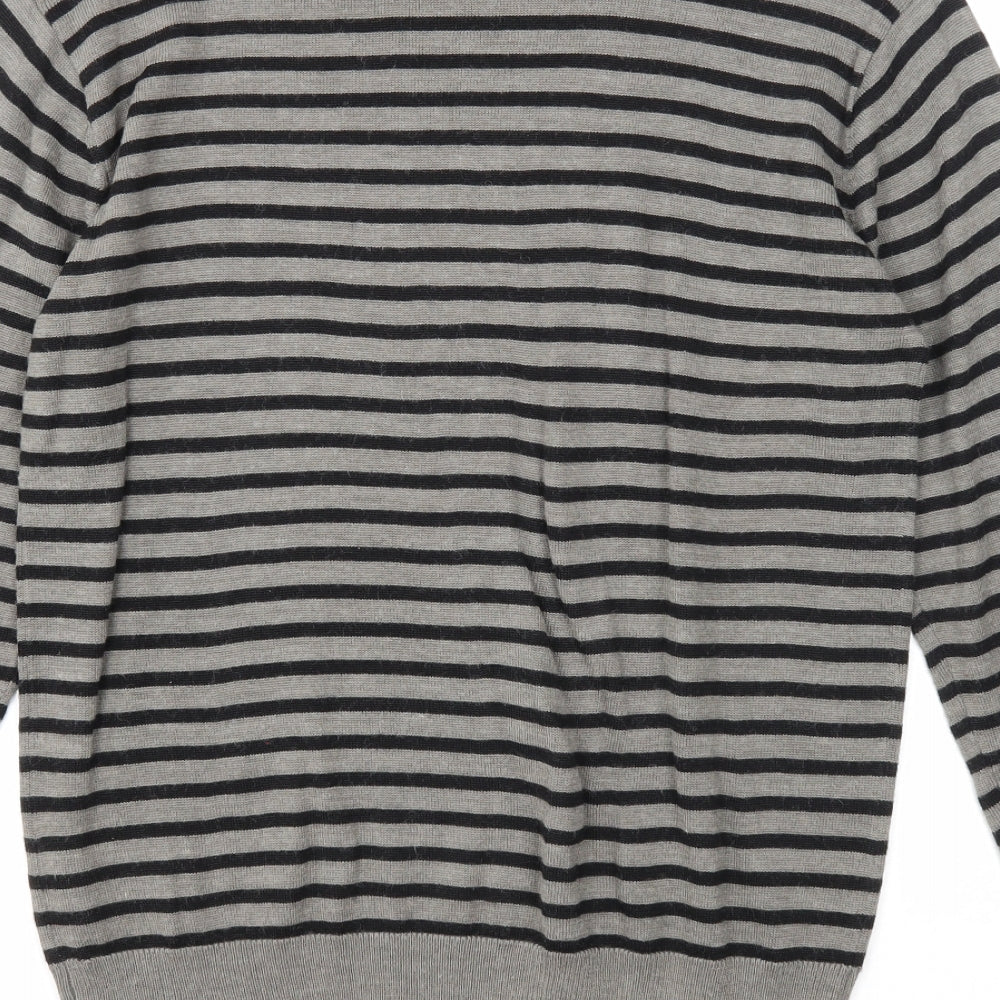 Defended Style Mens Grey Round Neck Striped Acrylic Pullover Jumper Size S Long Sleeve
