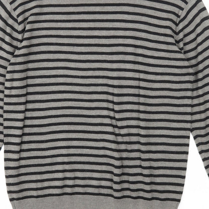 Defended Style Mens Grey Round Neck Striped Acrylic Pullover Jumper Size S Long Sleeve
