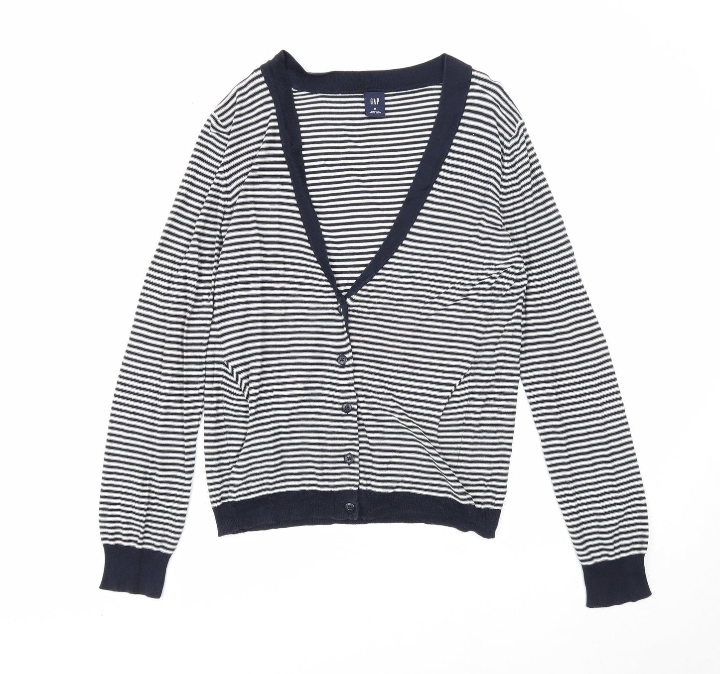 Gap Womens Blue V-Neck Striped Cotton Cardigan Jumper Size M