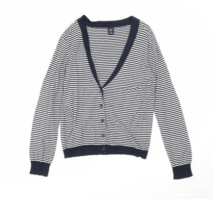 Gap Womens Blue V-Neck Striped Cotton Cardigan Jumper Size M