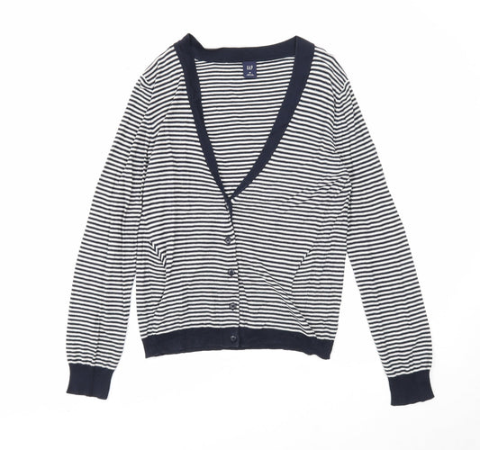 Gap Womens Blue V-Neck Striped Cotton Cardigan Jumper Size M
