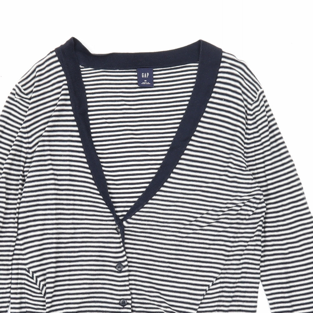 Gap Womens Blue V-Neck Striped Cotton Cardigan Jumper Size M