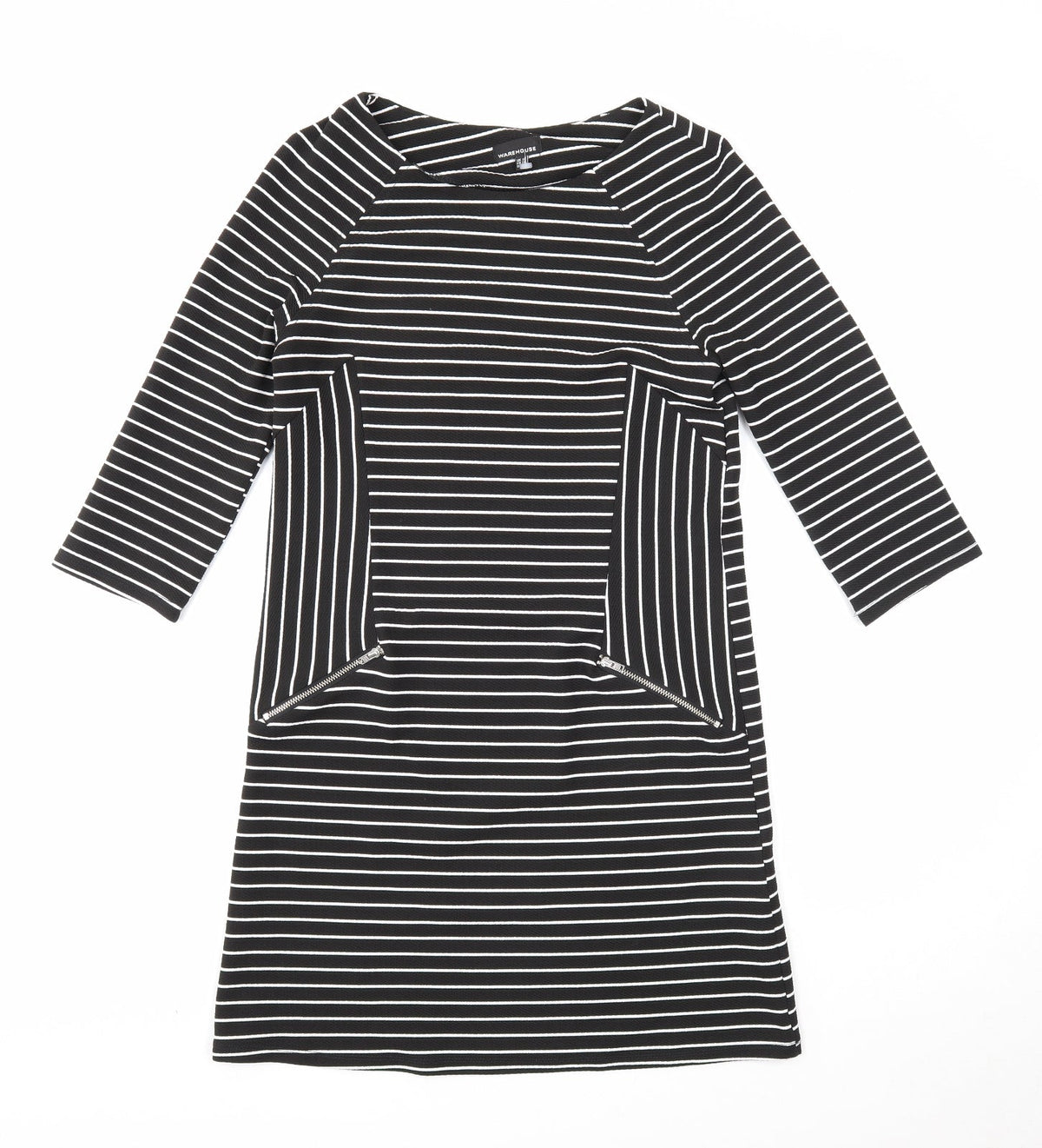 Warehouse Womens Black Striped Polyester A-Line Size 10 Round Neck Zip