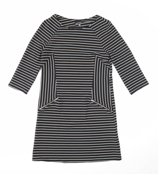 Warehouse Womens Black Striped Polyester A-Line Size 10 Round Neck Zip