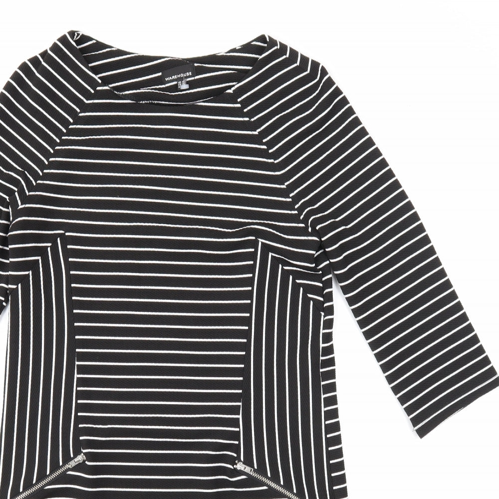 Warehouse Womens Black Striped Polyester A-Line Size 10 Round Neck Zip