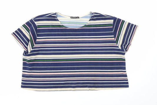Stradivarius Womens Blue Striped Polyester Cropped T-Shirt Size M Scoop Neck