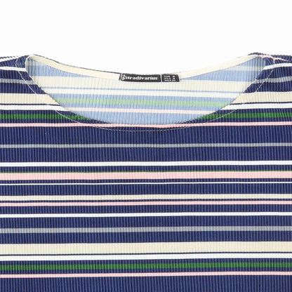 Stradivarius Womens Blue Striped Polyester Cropped T-Shirt Size M Scoop Neck