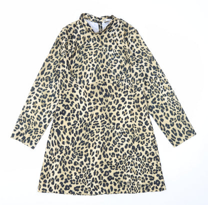 Zara Womens Brown Animal Print Polyester A-Line Size M Mock Neck Zip - Leopard Pattern
