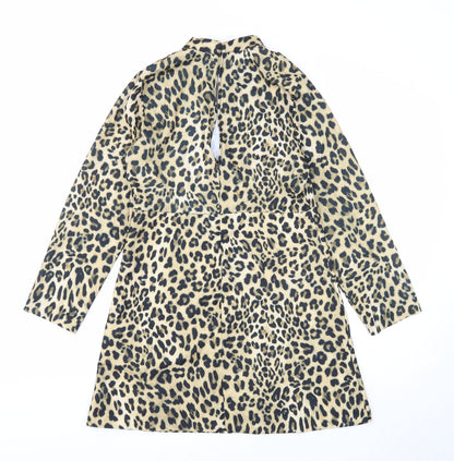 Zara Womens Brown Animal Print Polyester A-Line Size M Mock Neck Zip - Leopard Pattern
