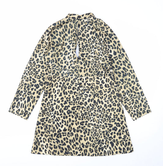 Zara Womens Brown Animal Print Polyester A-Line Size M Mock Neck Zip - Leopard Pattern