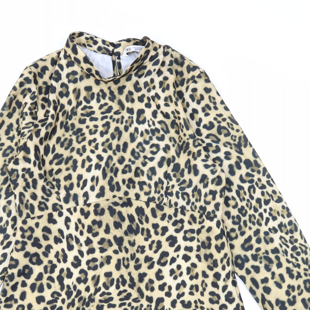 Zara Womens Brown Animal Print Polyester A-Line Size M Mock Neck Zip - Leopard Pattern
