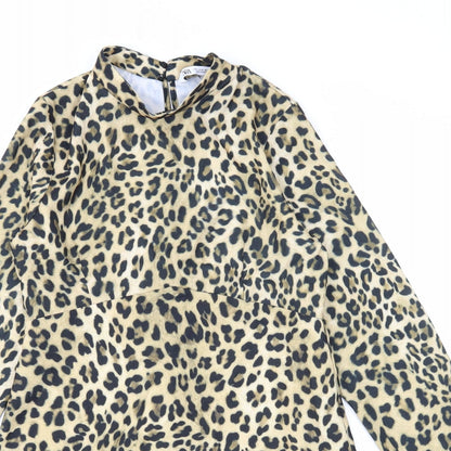 Zara Womens Brown Animal Print Polyester A-Line Size M Mock Neck Zip - Leopard Pattern