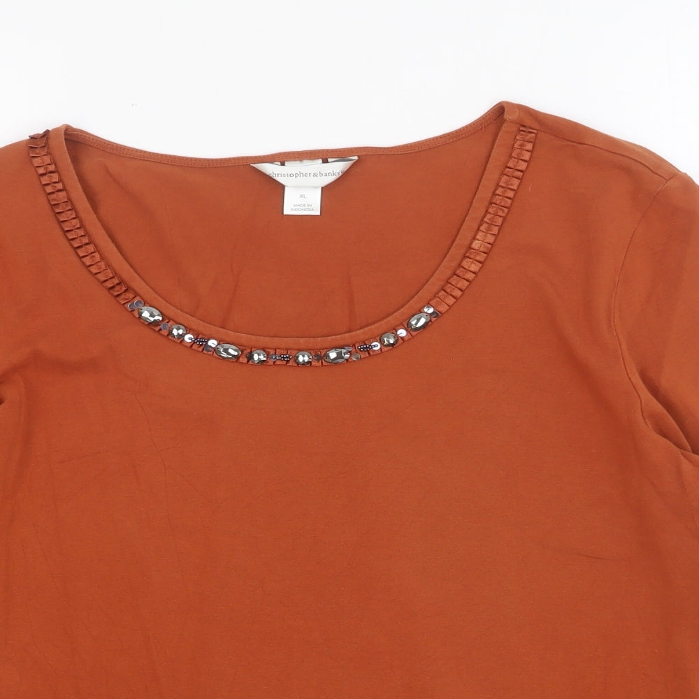 Christopher & Banks Womens Orange Cotton Basic T-Shirt Size XL Round Neck