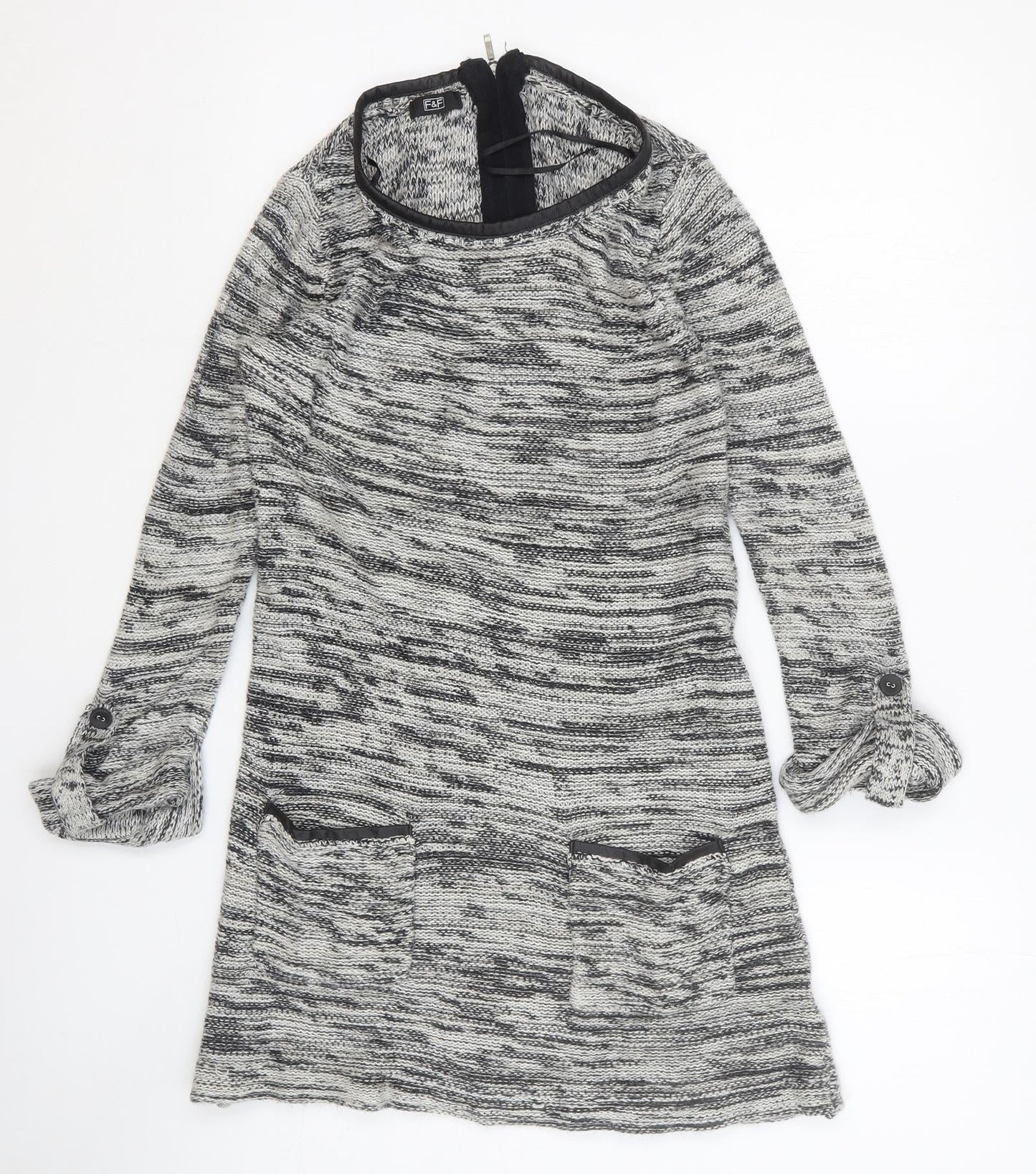 F&F Womens Grey Cotton Jumper Dress Size 6 Scoop Neck Pullover