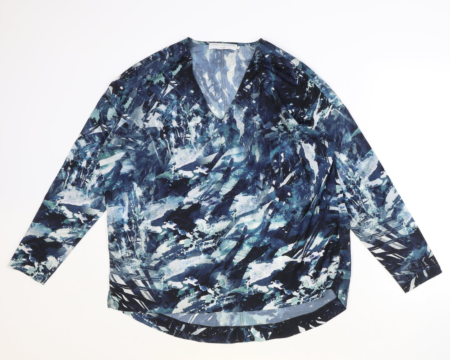 John Lewis Womens Blue Geometric Polyester Basic Blouse Size 12 V-Neck