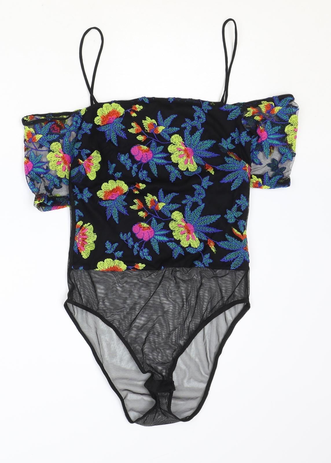 Topshop Womens Black Floral Polyester Bodysuit One-Piece Size 6 Snap - Cold Shoulder, Mesh Detail