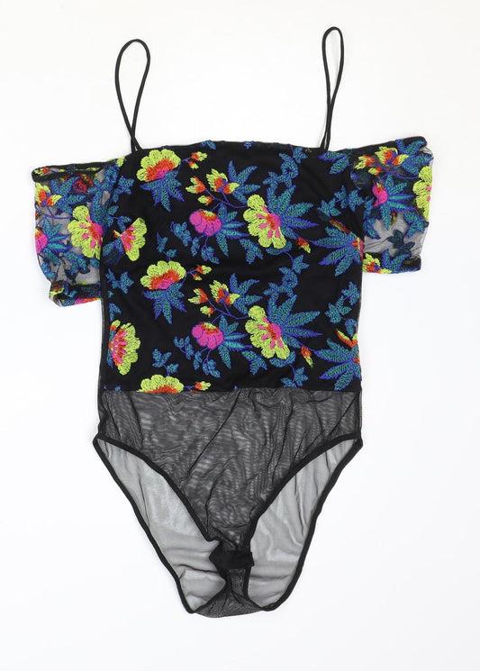 Topshop Womens Black Floral Polyester Bodysuit One-Piece Size 6 Snap - Cold Shoulder, Mesh Detail