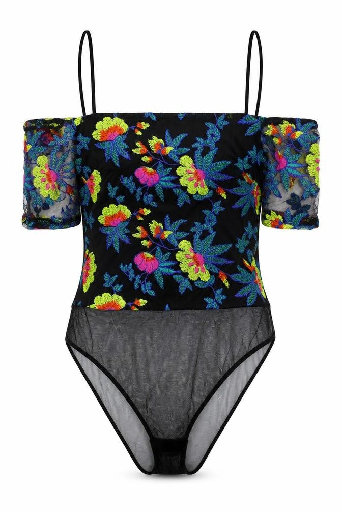 Topshop Womens Black Floral Polyester Bodysuit One-Piece Size 6 Snap - Cold Shoulder, Mesh Detail