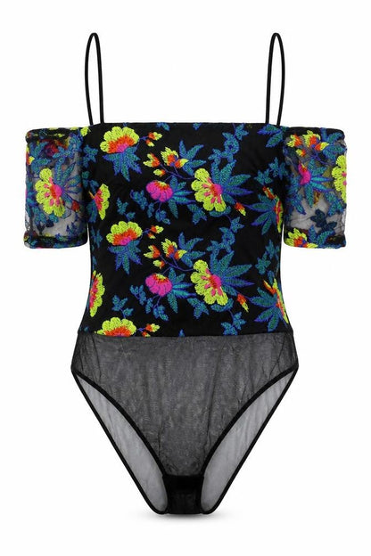 Topshop Womens Black Floral Polyester Bodysuit One-Piece Size 6 Snap - Cold Shoulder, Mesh Detail