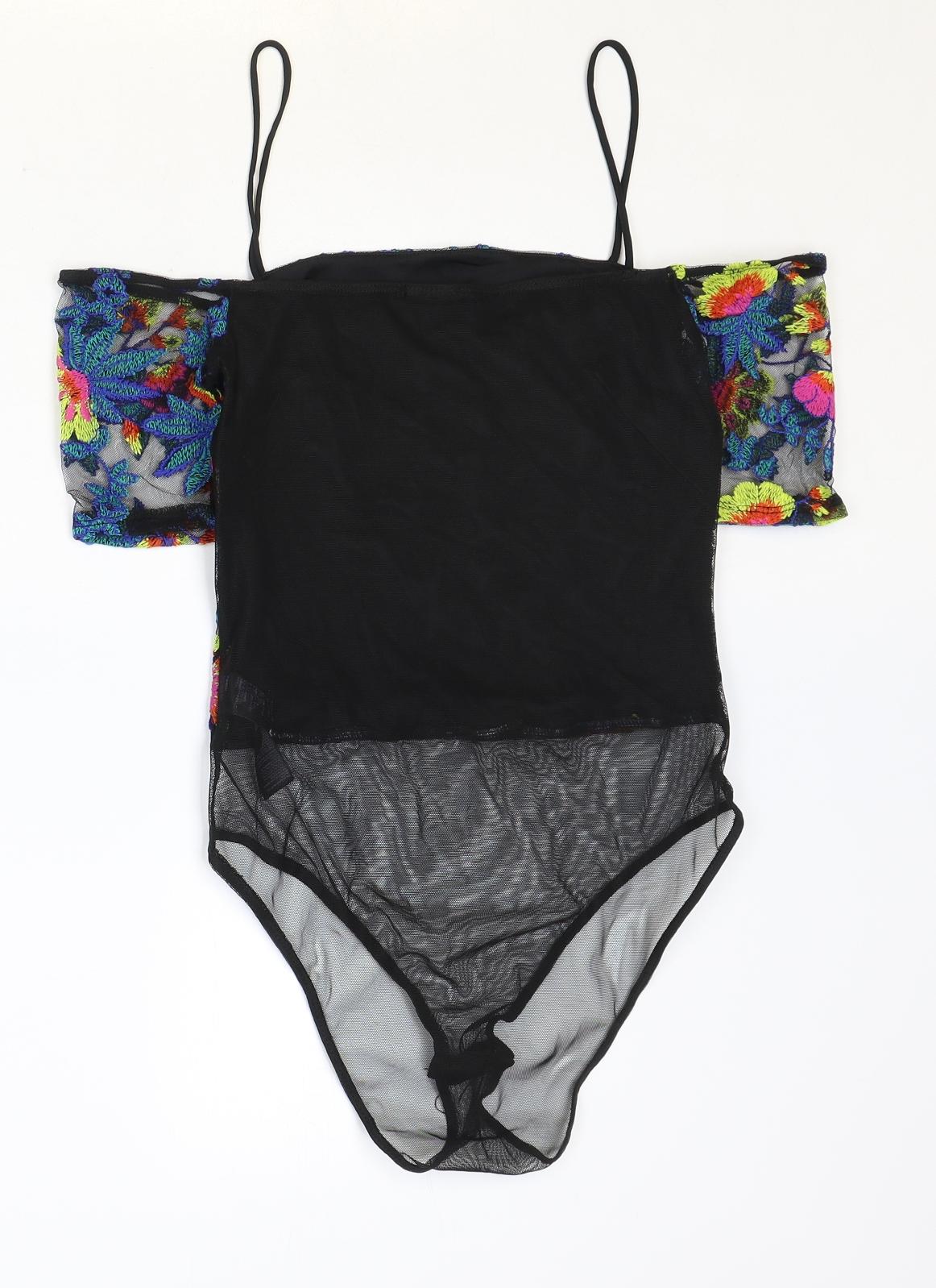 Topshop Womens Black Floral Polyester Bodysuit One-Piece Size 6 Snap - Cold Shoulder, Mesh Detail