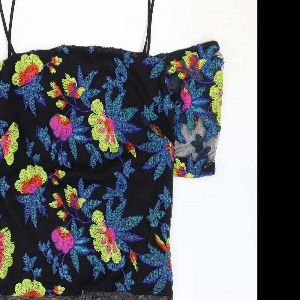 Topshop Womens Black Floral Polyester Bodysuit One-Piece Size 6 Snap - Cold Shoulder, Mesh Detail