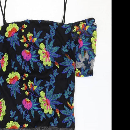 Topshop Womens Black Floral Polyester Bodysuit One-Piece Size 6 Snap - Cold Shoulder, Mesh Detail