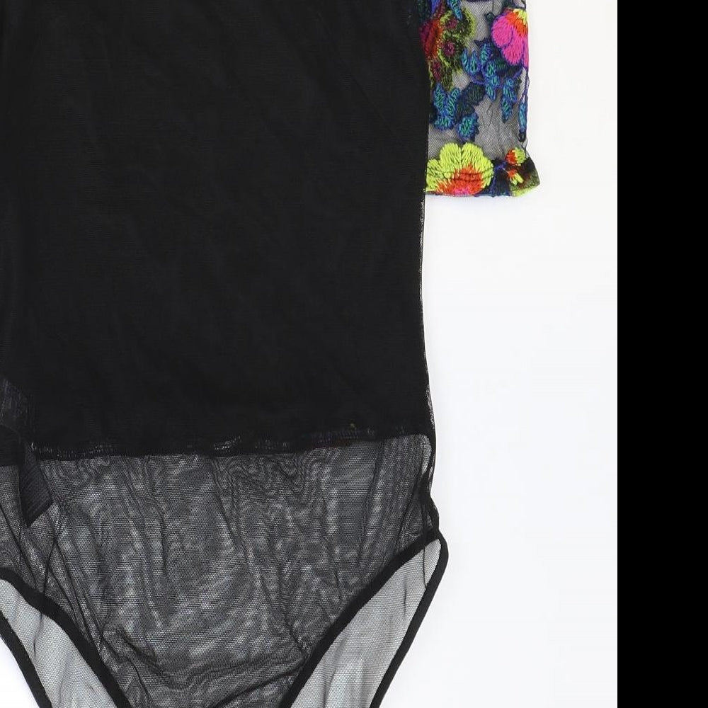 Topshop Womens Black Floral Polyester Bodysuit One-Piece Size 6 Snap - Cold Shoulder, Mesh Detail
